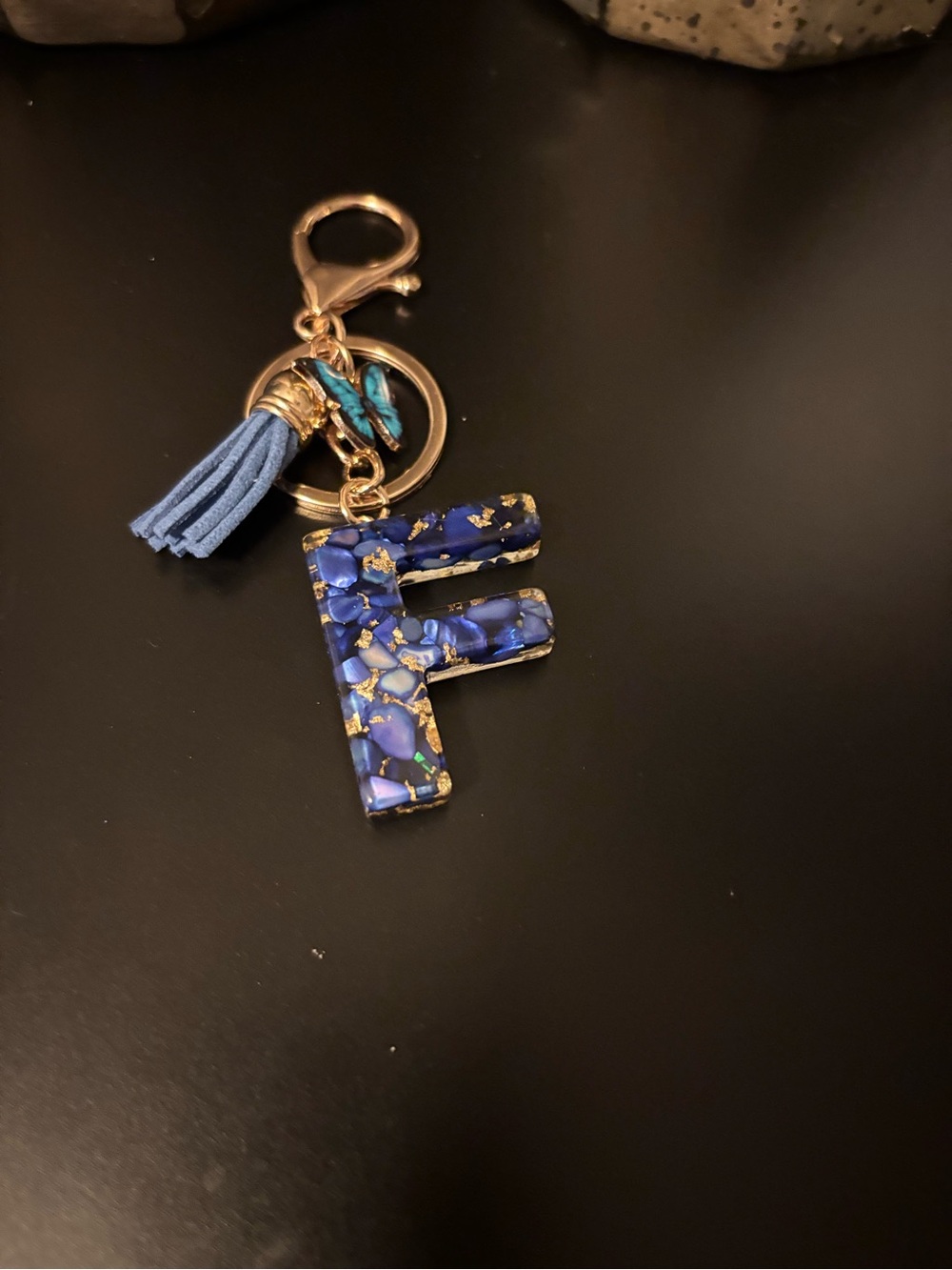 Handmade Blue & Gold Resin Initial "F”Keychain with Tassel & Butterfly Charm🦋